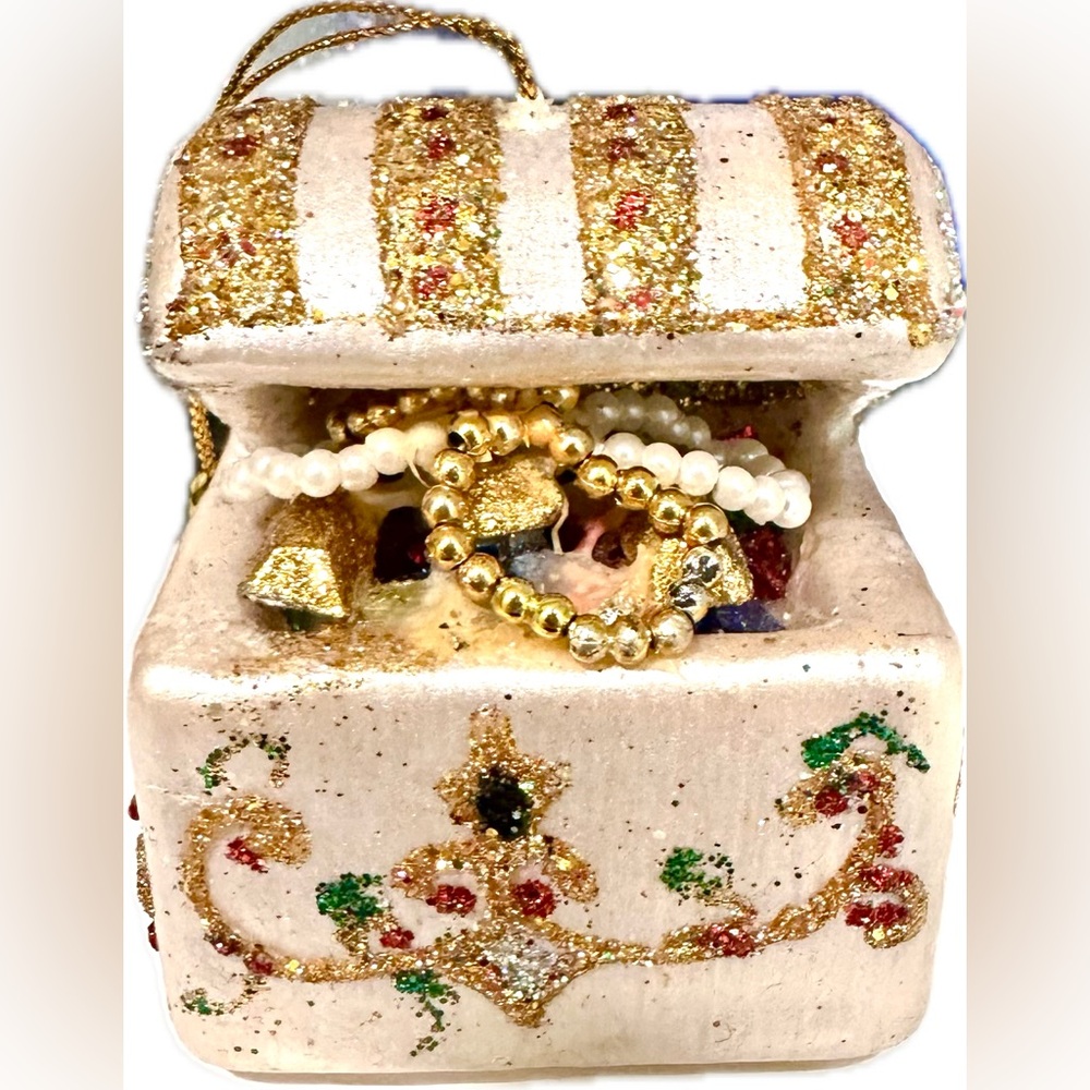 NEW Handpainted Handmade Treasure Chest Trunk Holiday Glass Ornament Jewels OOAK